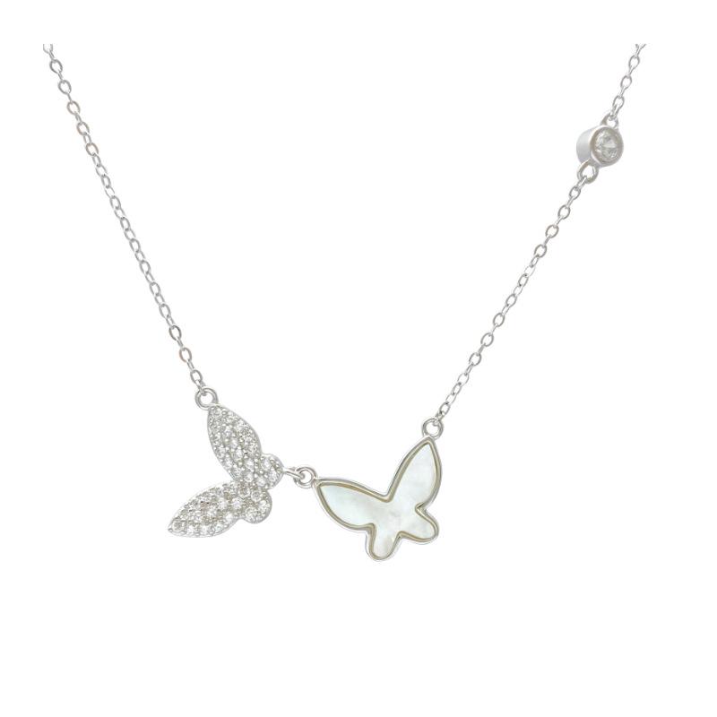 S925 Sterling Silver Double Butterfly Shell Zircon Necklace - Elegant Minimalist Pendant for Women