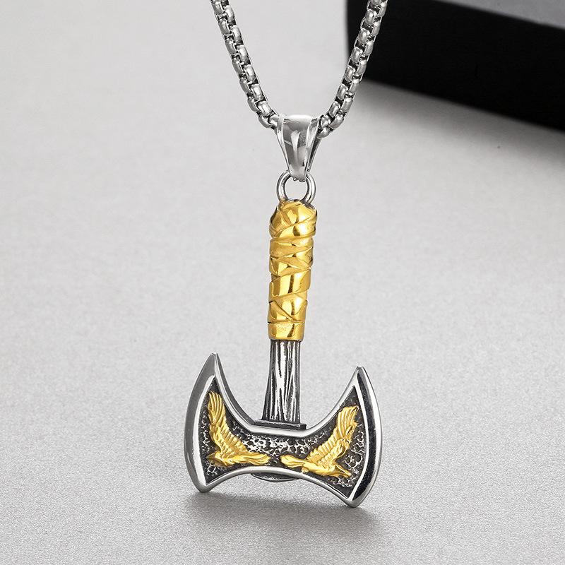 Hip Hop Jewelry Classic Norse Mythology Viking Raven Double Headed Ax Pendant for Men 60CM