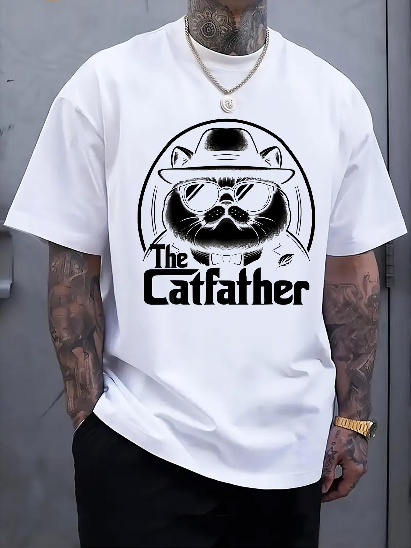 The Catfather Graphic Tee - Stylish White Crew Neck Short Sleeve T-shirt with Glasses & Hat Design S