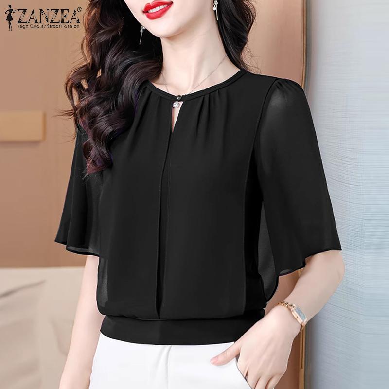 ZANZEA Women Summer Chiffon Splice Half Sleeve Loose Summer Blouse