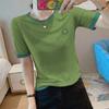 Top Slub Cotton Short Sleeve Summer Large Size Women's Embroidery Loose Contrast Versatile T-Shirt