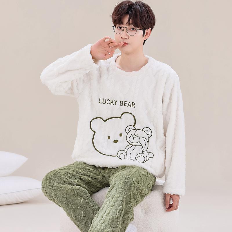 Men Winter Warm Flannel Pajama Set Long Sleeve Thick for Men Coral Velvet Cute Cartoon Sleepwear Suit Pyjamas Homewear Clothes
