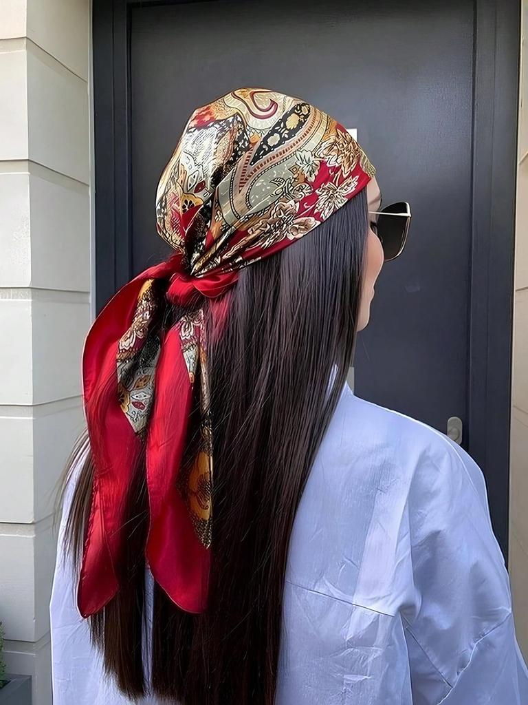 Satin Square Scarf Women Floral Hijab Elegant Print Silk Neckerchief Shawl Wraps Headband Handle Hair Accessories Bandana