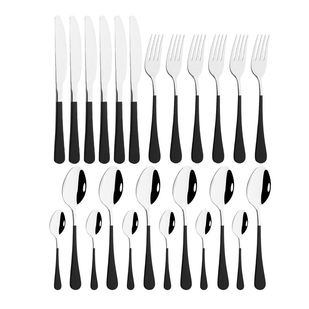 24Pcs/set Stainless Steel Dinner Black Gold Dinnerware Set Knife Fork Coffee Spoon Cutlery Set Kitchen Tableware Silverware Sets