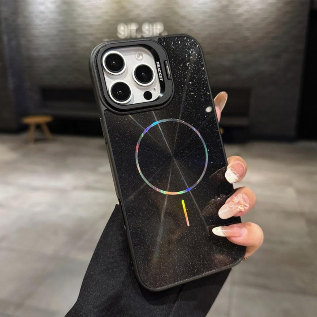 CD Texture Laser Glitter For Magsafe Lens Stand Case For iPhone Air 17 16 15 14 13 12 11 Pro Max Wireless Charge Bracket Cover
