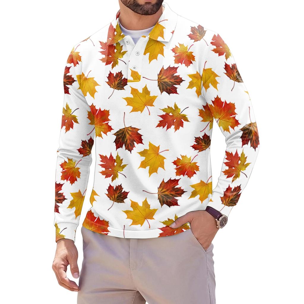 Camicia da uomo a maniche lunghe, leggera, in rete traspirante, con colletto stampato a foglia d'acero, per l'autunno