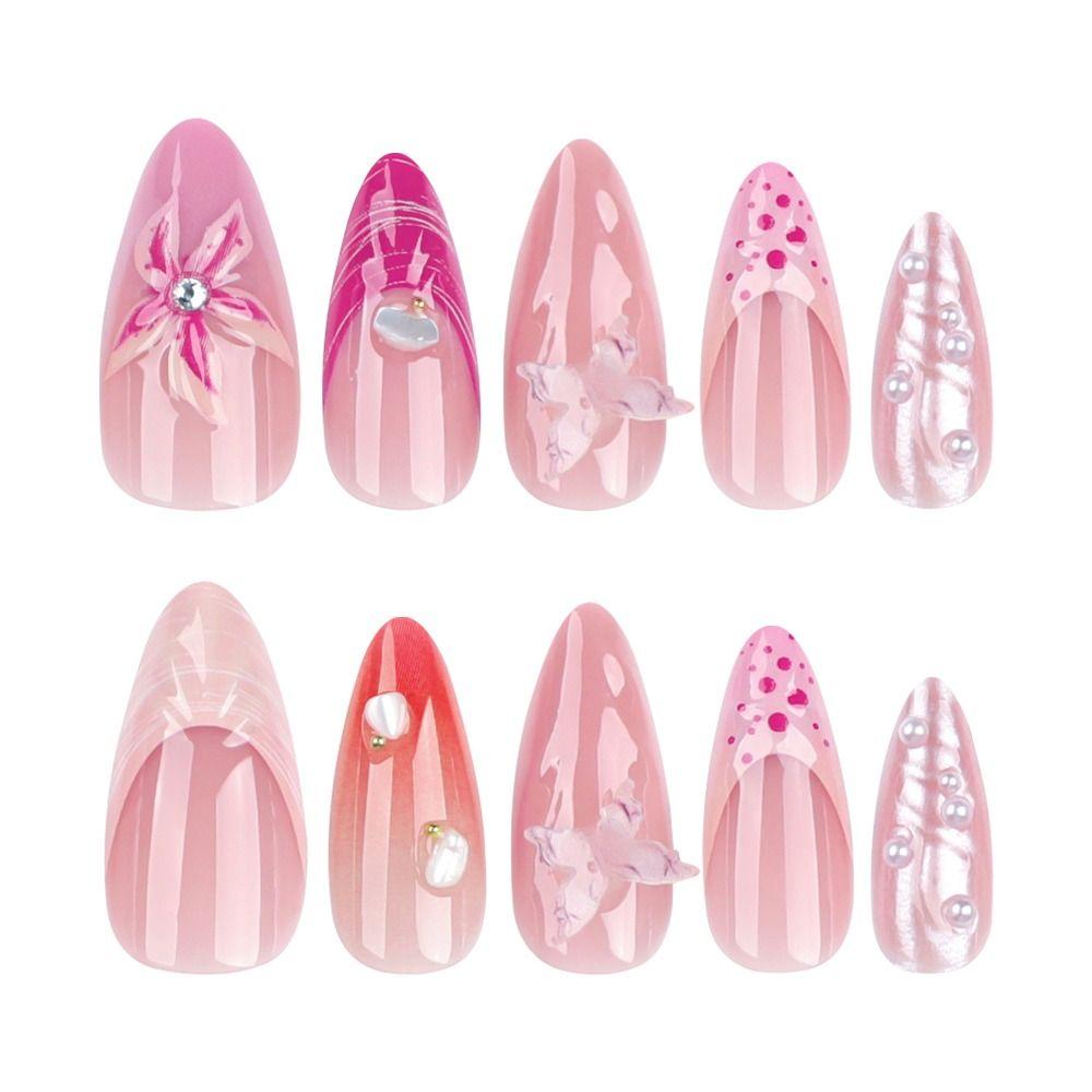 24/30PCS/BOX Cat Eyes False Nail 3D Bow Ripple Love Pearl Full Cover Fake Nail with Jelly Stickers Simple French Lines Nail Tips