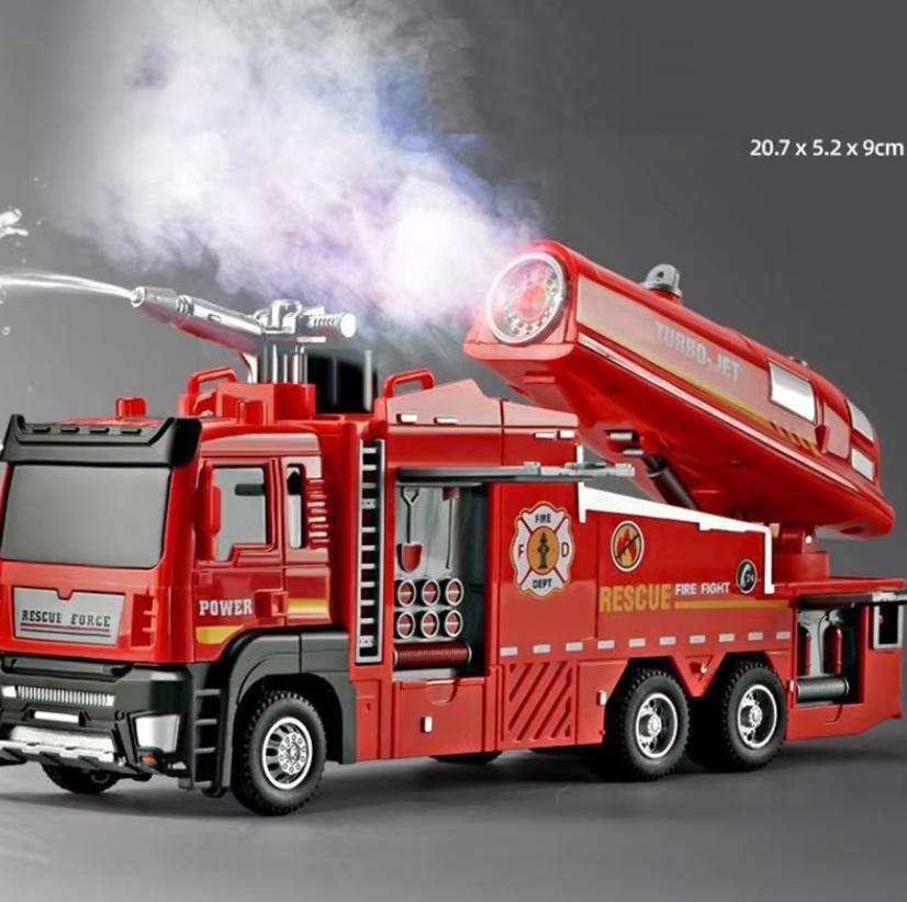 Water Spray Fire Truck Model Ladder Trucks Toy Car Sound Light Pull Back Doors Opened Vehicle Collection Boys Gift
