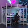 Cama Loft de Metal con Escalera 140*200 cm, Cama Junior Cama Doble con Mesa con Percheros Simples con Compartimentos de Almacenamiento, Blanca
