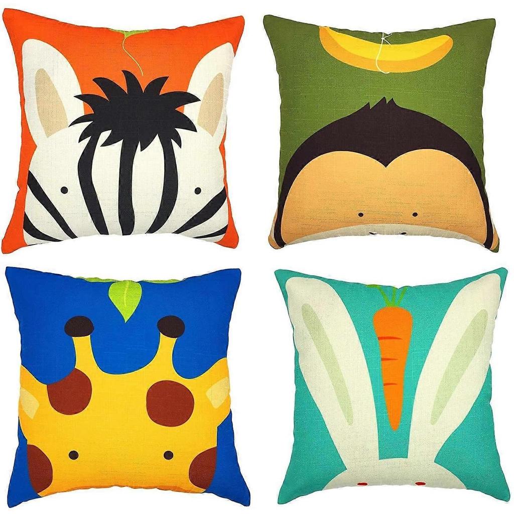 18x18 Inches Set of 4 Cotton Linen Animal Pattern Pillow Covers Children