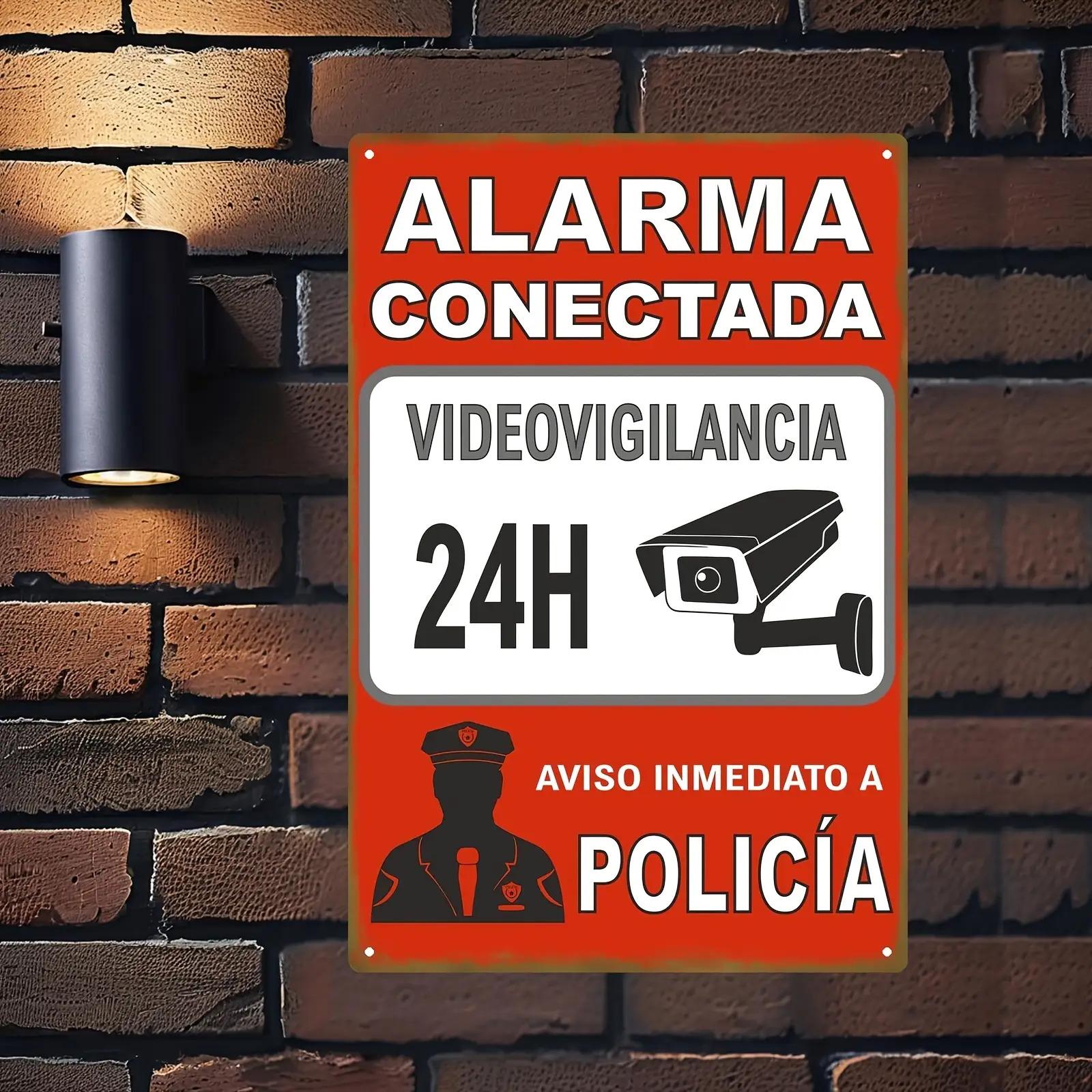 

Spanish Security Alarm Sign Hour Surveillance with Video Surveillance Red Background White Icon Metal Iron Wall Sign 20x30cm
