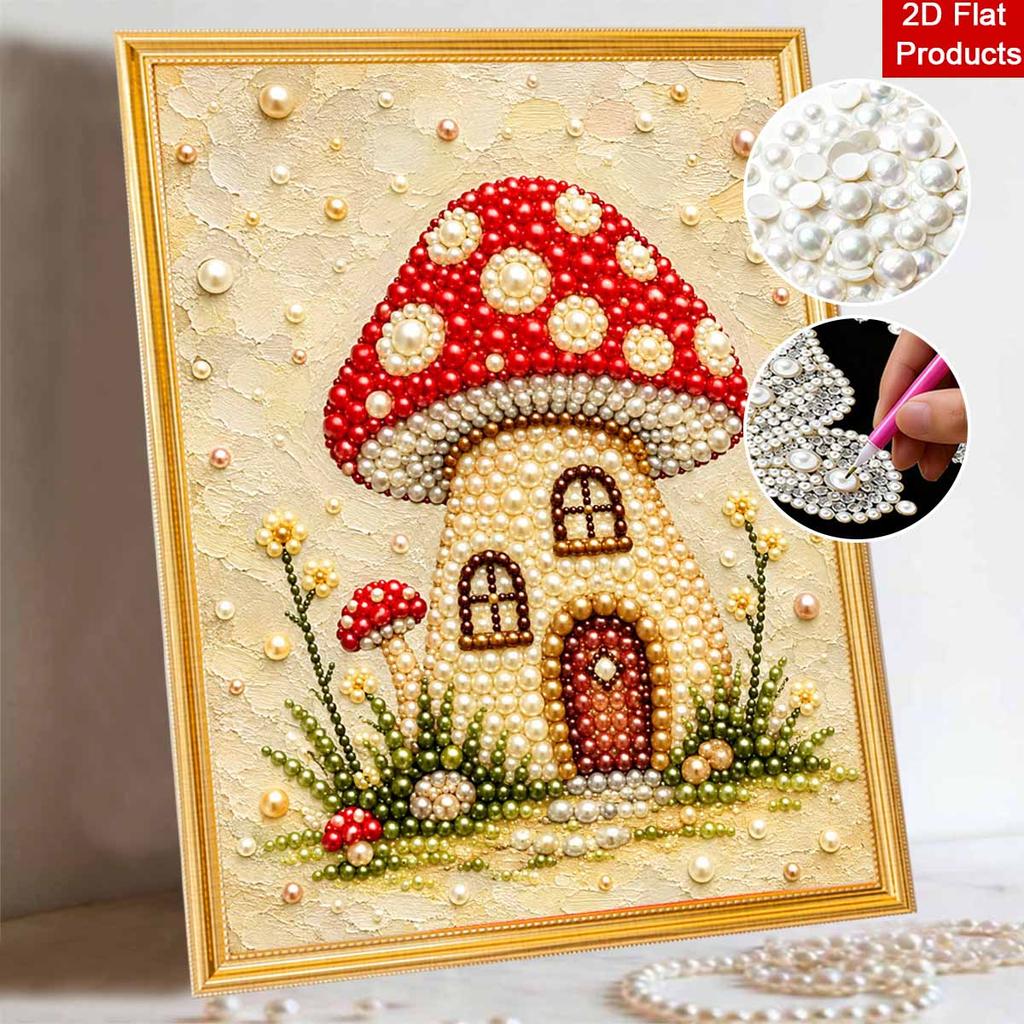 Mushroom House Pearl Art Kit with Frame 3D Sparkling Bead Canvas Relaxing Craft for Cozy Room Wall Decor, Elegant DIY Pearl Painting Home Art