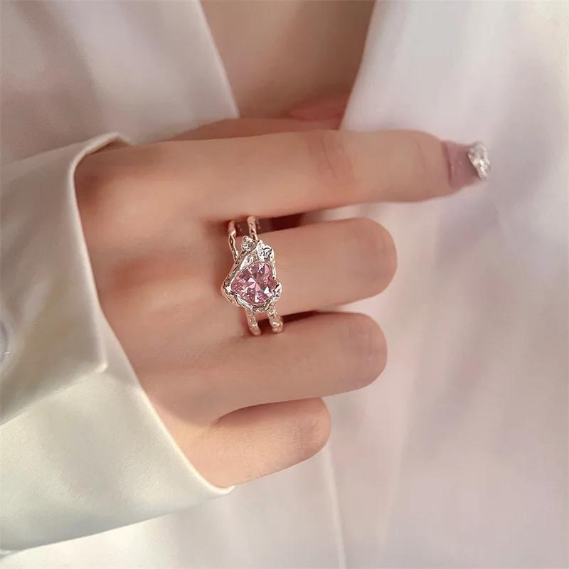 Fashion Sweet Cool Pink Heart Opening Ring Women Girls Y2K Adjustable Female Temperament Personality Finger Ring Jewelry Gifts
