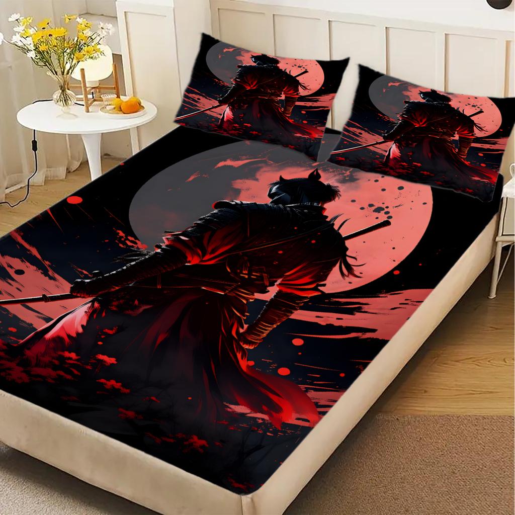 3pcs Fitted Sheet Set Samurai Warrior 3D Printed Red Moon And Shadow Bed Sheet With Pillowcases For Bedroom Decor