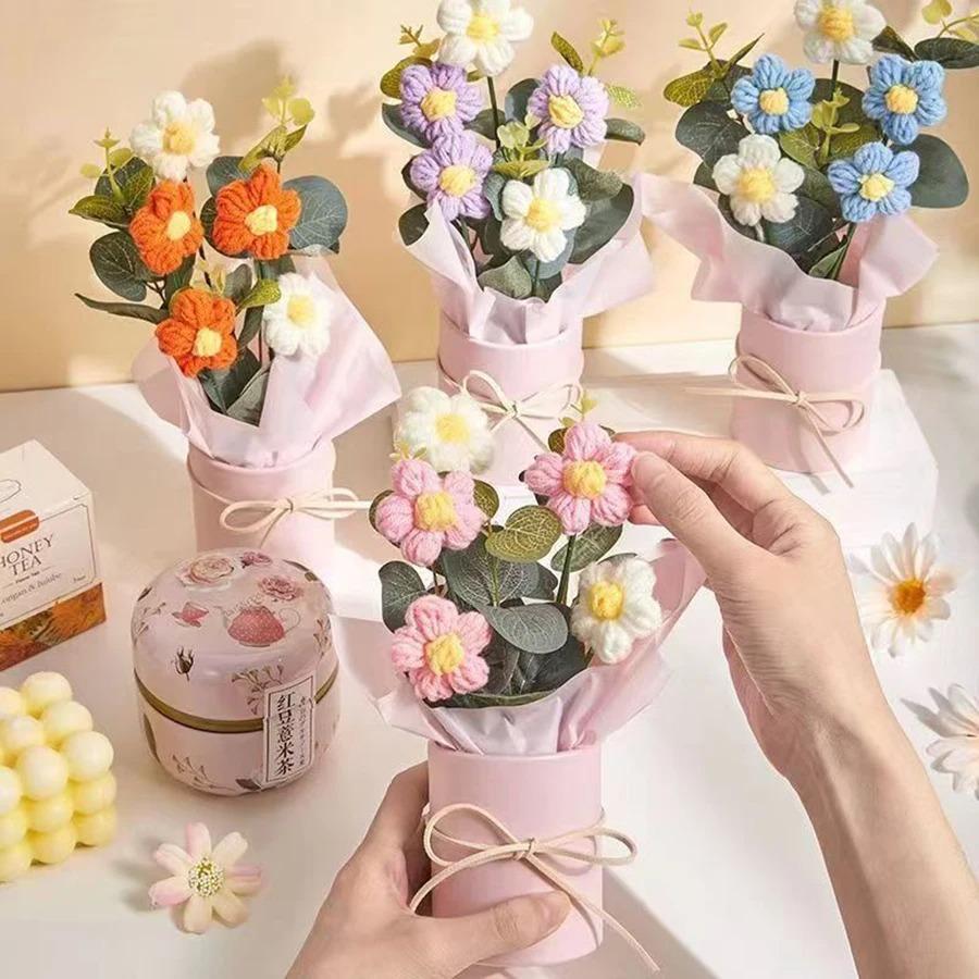 Forever Knitted Flower Bouquet Handmade Puff Crochet Roses Eternal Flower Gift for Mothers Day Teachers Day Home Decor Ornament