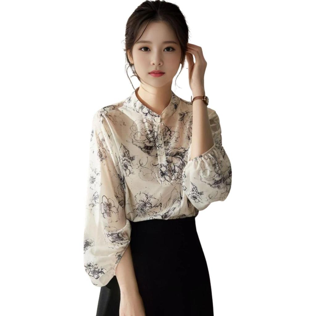 Flower Print Puff J-Scott Painting-Style Blouse, Collarless, Sleeves, Sheer, Lightweight, Refreshing, Ivory, JS46-IV-S