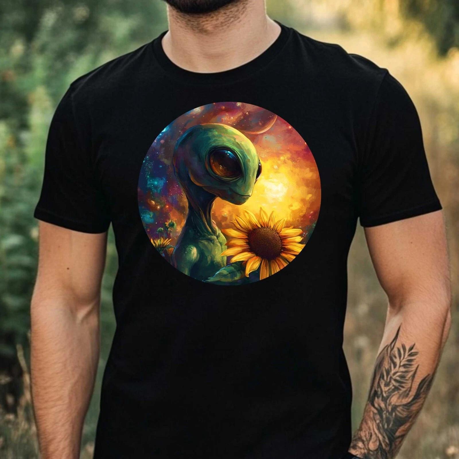 T-Shirt Herren Alien mit Sonnenblume Motiv Baumwolle Größe XS bis 5XL M