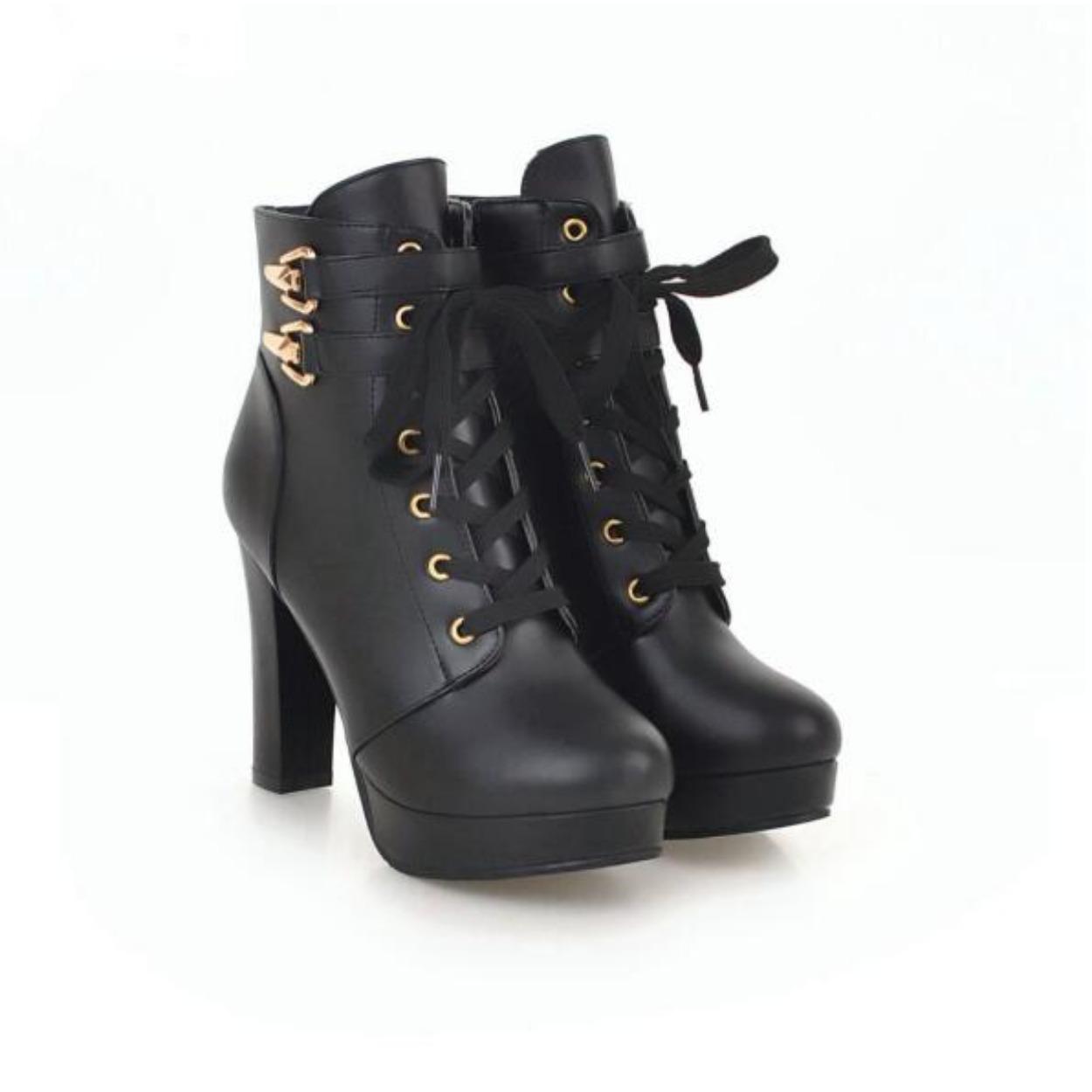 

Женские ботильоны Осенние Круглый носок Шнуровка Пряжка на щиколотке Массивный высокий каблук Платформа Рыцарские короткие ботинки Боковая молния Размер 34-43 40