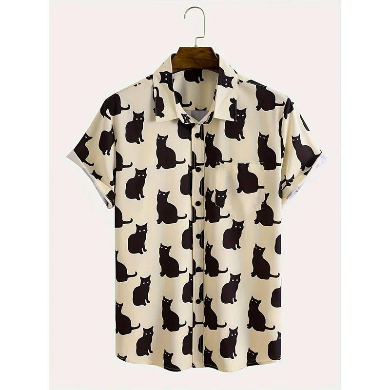 Cute Cat Pattern Print Men Summer Shrot Sleeve Lapel Shirt Men Loose Fashion Hawaii Shirt Tops