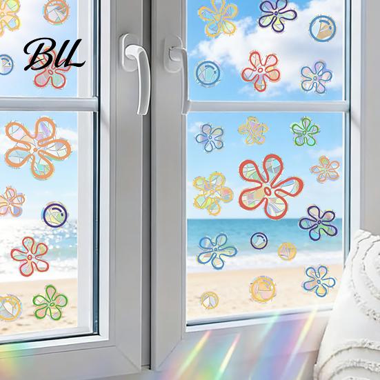 Decorative Window Cling 4 Sheets Rainbow Flower Clings Small Iridescent Prism Renters Decal Sticker Anti-Collision Static PVC Decals for Bird Windows