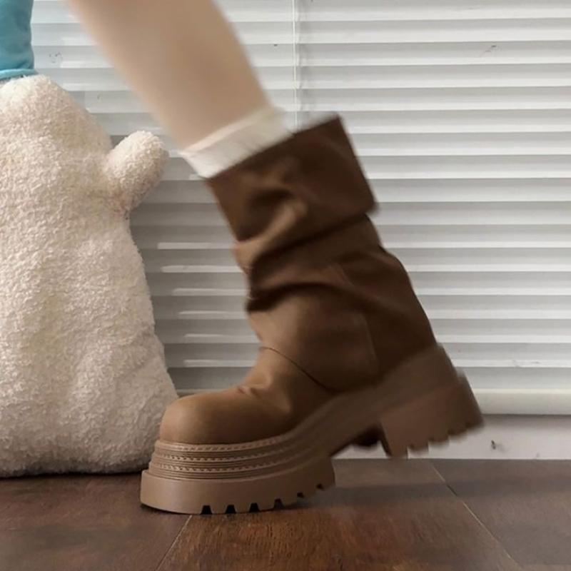 Womens Height Increasing Cowboy Boots Thick Soled Midsole Boots Simple Comfortable Ankle Boots Round Toe Thick Heel Womens Shoes