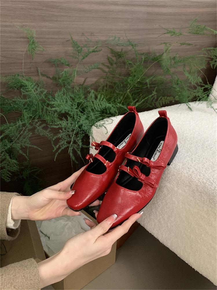 Korean version of temperament evening style design sense double bow French retro Mary Jane thick heel 2025 autumn single shoes women's shoes