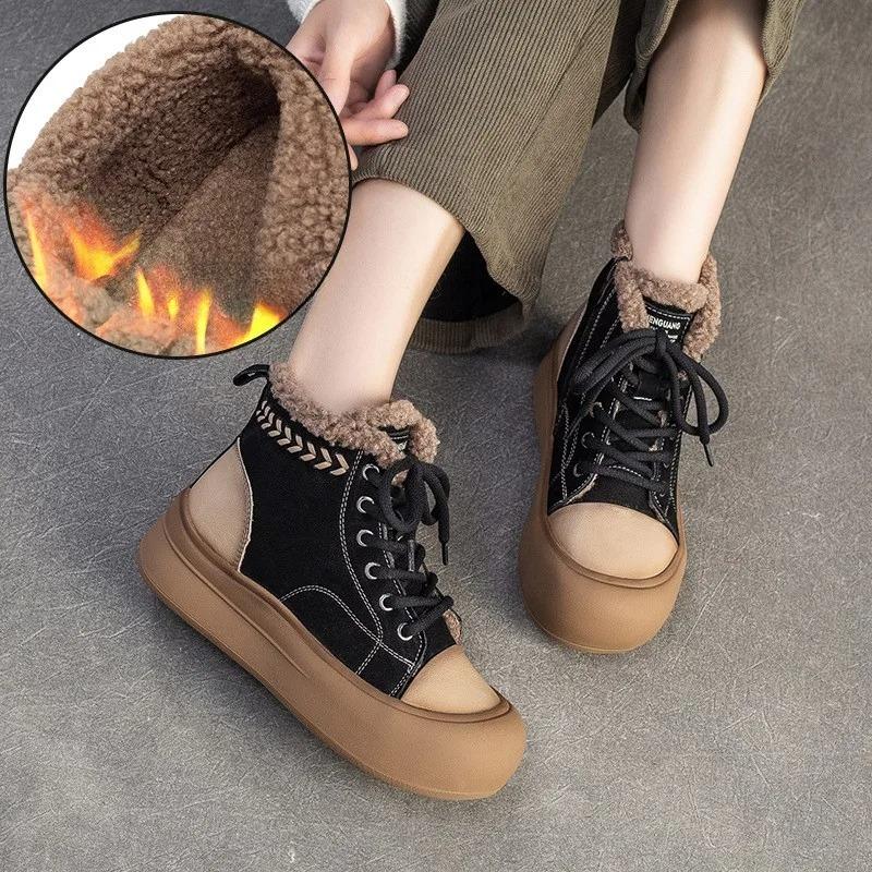 Johnature Retro Mixed Colors Plush Warm Short Boots Genuine Leather Thick Soled Women's Shoes