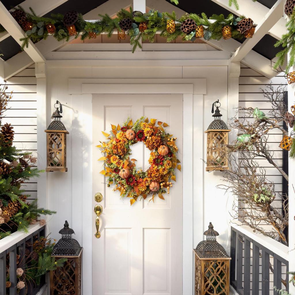 Artificial Autumn Flower Wreath With Pumpkins, Sunflowers, Maple,for Front Door, Home Thanksgiving, Halloween Harvest Decor