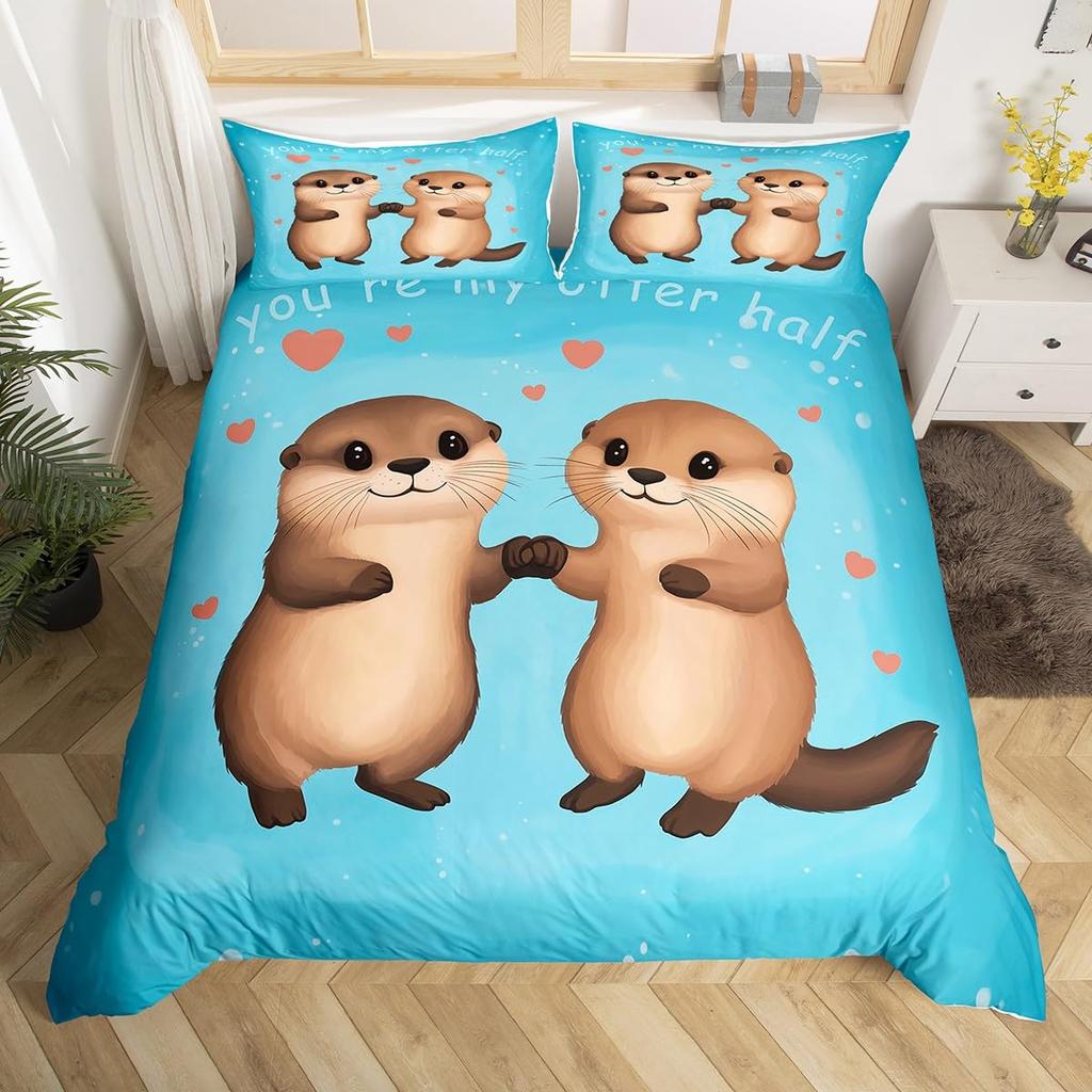 Sea Otter Duvet Cover Set Ocean Creature Otter Toddler Soft Polyester Bedding Set Cute Cartoon Animal Print Comforter Cover Sets