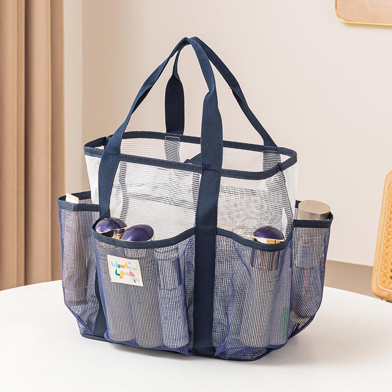 

1 шт. Двухслойная пляжная сумка Сетчатая дышащая сумка складная с несколькими карманами Сумки для хранения Портативный дорожный органайзер для косметики синий