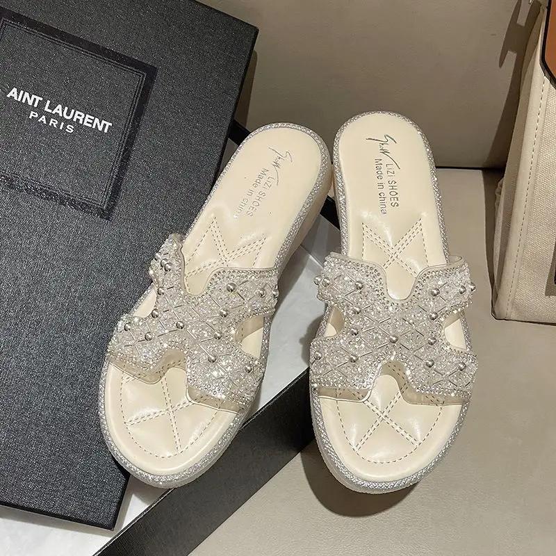 Fashion Rhinestone Soft Women's Slippers and Ladies Sandals H Sandal Small Size Shoes Summer Shoe Sale Chic Elegant High Quality Slides