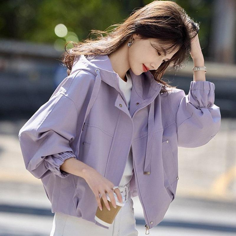 

Female Spring Autumn in Fashion Leisure Solid Color Tops Coat Long Sleeves Jacket Retro Lady Loose Hooded Short Outwear XS фіолетовий