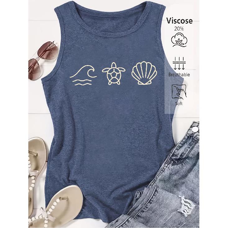 Elegant Vest for Women Wave, Sea Turtle, and Shell Pattern Printed Casual Loose Summer Vest Fashionable and Elegant Tops for Commuting, Vacation, and