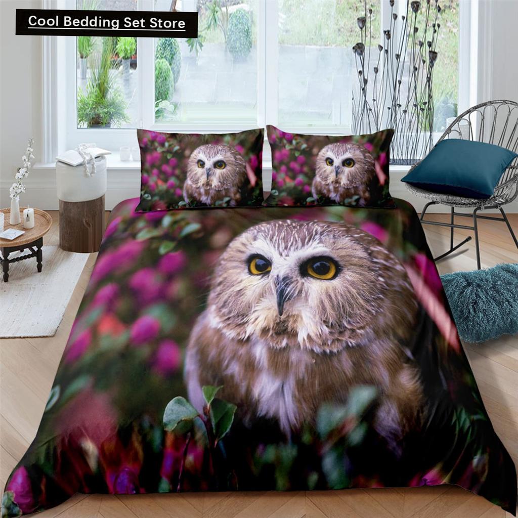 Black Owl King Queen Duvet Cover Moon Safari Bird Animal Bedding Set Lovely Wildlife Quilt Cover Grey Polyester Comforter Cover
