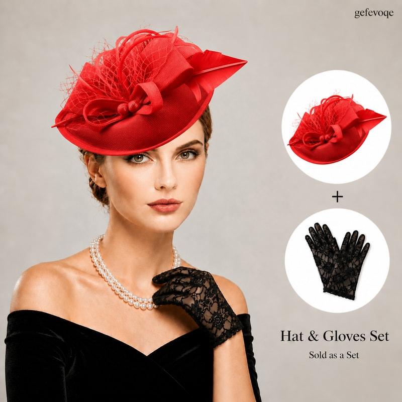 Women Fascinator Hat And Lace Gloves Set For Tea Party Wedding Derby