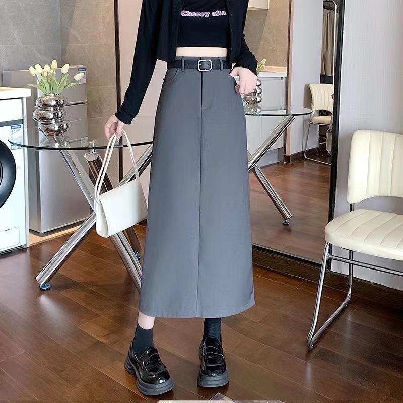 2024 High-End Slimming A-Line Skirt: High Waist, Midi Length, Versatile Slit Design for Spring & Autumn