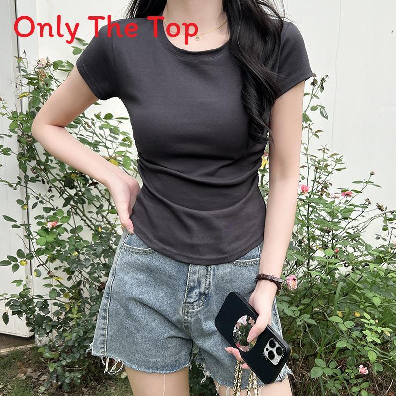 Cotton Short Sleeve T Shirt For Women With Pleated Design And Slim Fit For Casual Wear