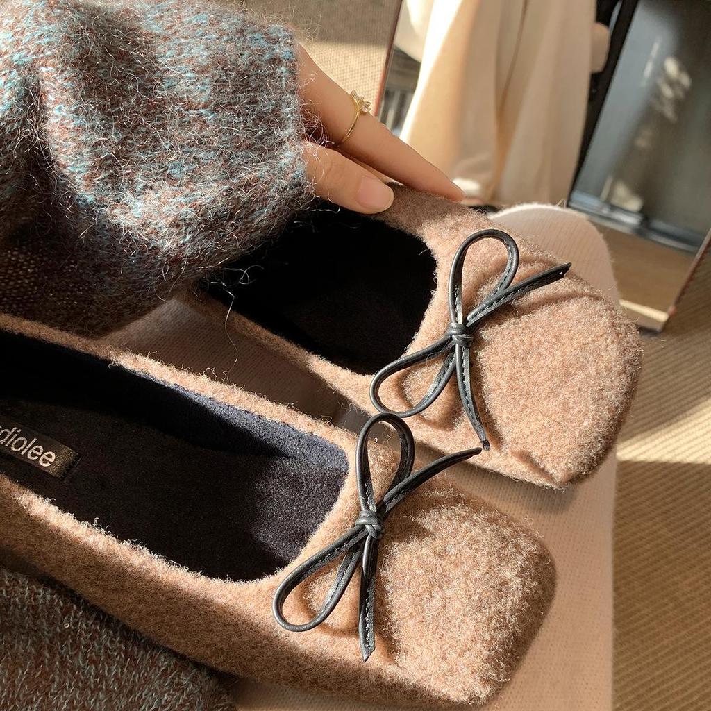 Wool version~ Grape mother has the same versatile autumn and winter bow woolen plush warm shallow mouth ballet single shoes for women
