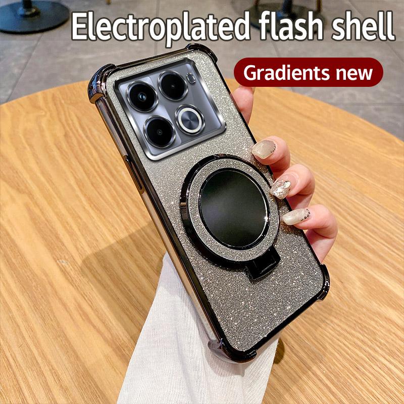 

Противоударный чехол-подставка с кольцом и зеркалом для телефона Infinix Note 30 40 Pro Plus Smart 9 8 7 5 Spark GO 2023 2024 10 20 10C 20C Infinix Note 30 4G чёрный