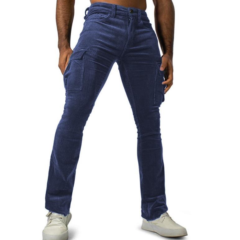 Men's European and American jogging corduroy solid color casual breathable street fashion multi-pocket slim-fit elastic overalls