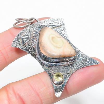 Natural Imperial Jasper, Citrine Gemstone 925 Sterling Silver Pendant 2.48" T7y48