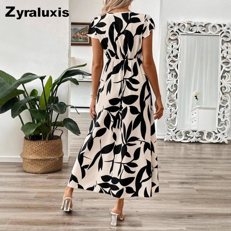 Women's Summer Fashion Printed V-Neck Ruffled Dress