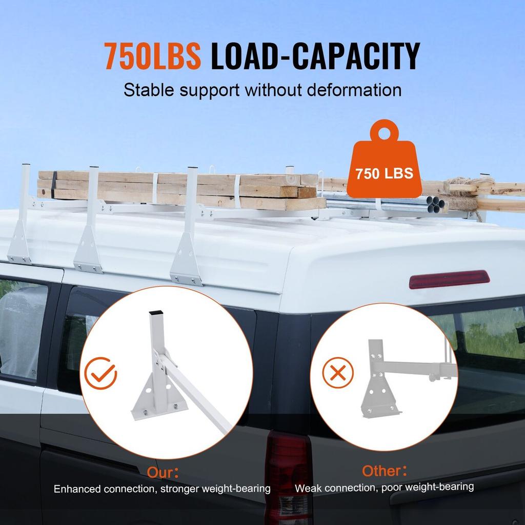Van Roof Ladder Rack, 3 Bar Alloy Steel Ladder Racks with Ladder Stoppers, 340 Kg Capacity, Adjustable Roof Racks for Full-size Vans with Rain
