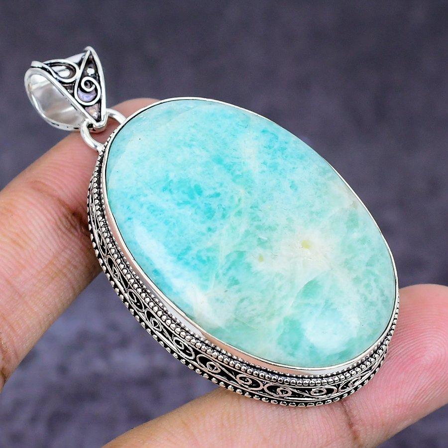 Natural Amazonite Gemstone 925 Sterling Silver Jewelry Pendant 2.29" ETC-14720