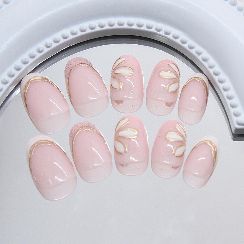 French Style Art Nail Patch 3D Flower Gold Line Fake Nails Reusable Nail Tips For Women Diy Manicure Accessories