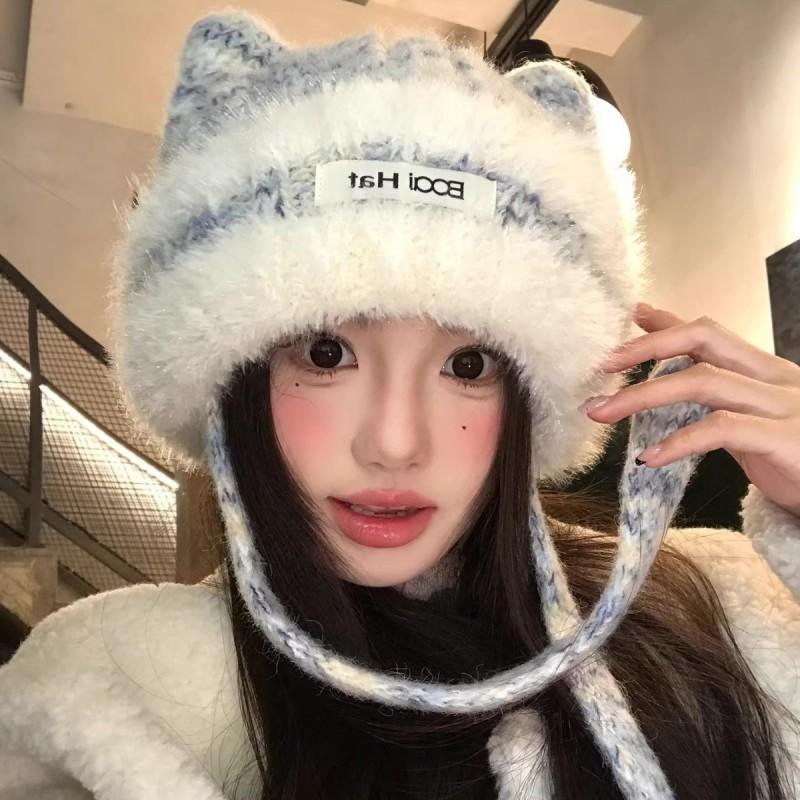 Korean Style Cat Ear Knit Beanie Women Warm Oversized Headband Hat With Protection