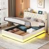 Bed 140 X 200 Cm with Colorful LEDs, USB, Hydraulic Storage, Metal Slats, Durable Linen Fabric, Beige (without Mattress)