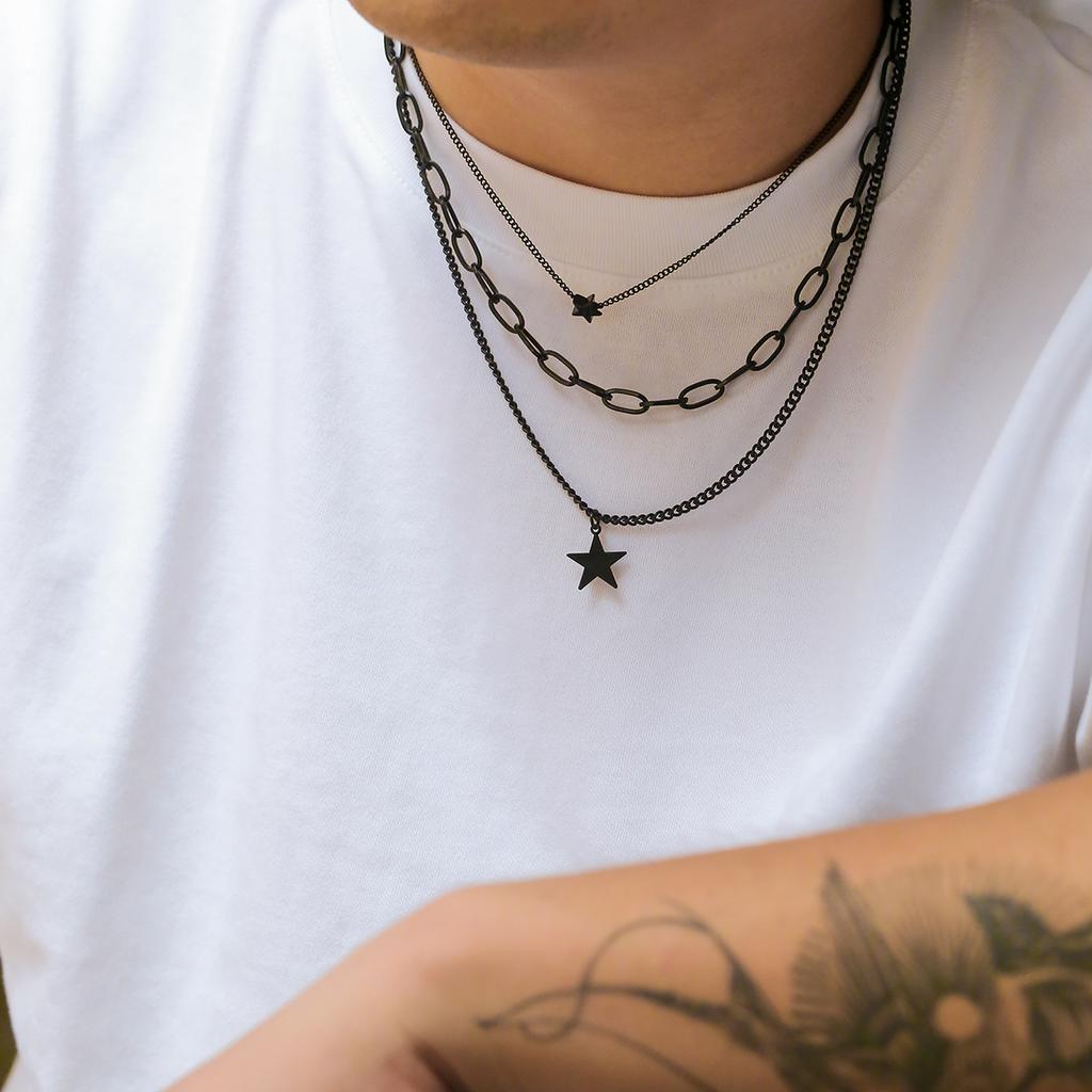 PuRui Hip Hop Black Star Geometric Pendant Necklace for Men Multilayer Black Link Chain Choker Collar Rock Zircon Party