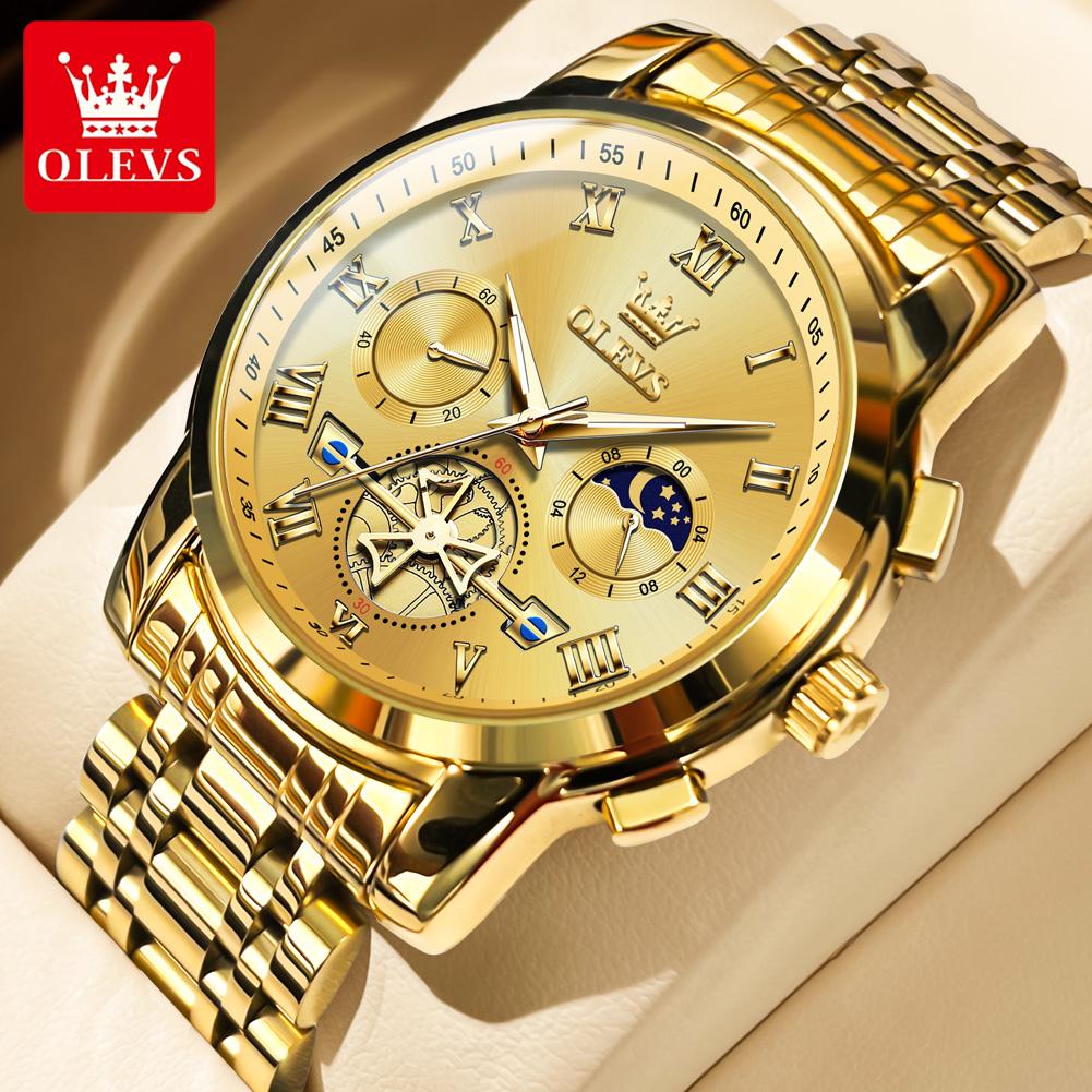 OLEVS Top Original Quartz Men's Watches Classic Roman Scale Dial Moon Phase Waterproof Luminous Luxury Wrist Watch for Male
