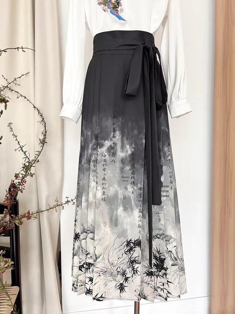 2024 Women's Chinese Style Ink-Dyed Bamboo Leaf Print Chiffon Satin Pleated Skirt